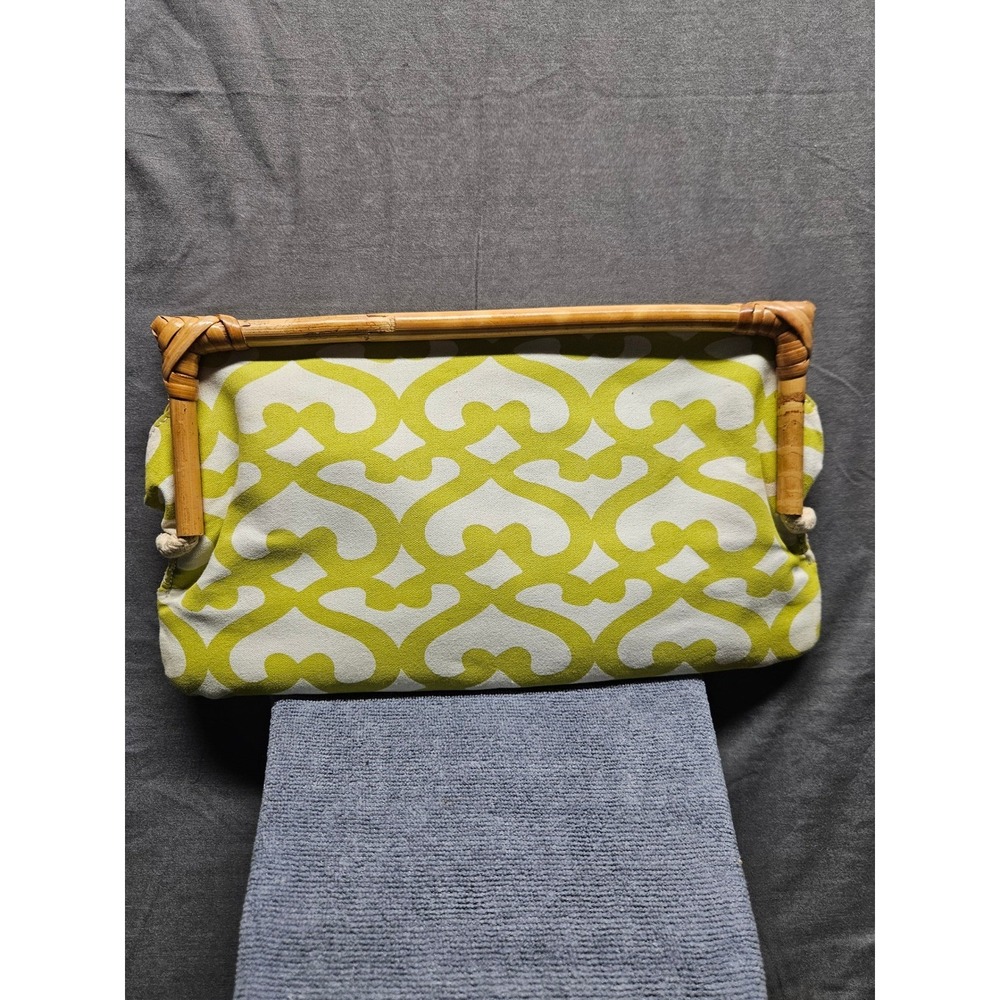 Donna Dixon Bamboo Frame Clutch Bag Lime Green White Geometric Canvas Handbag
